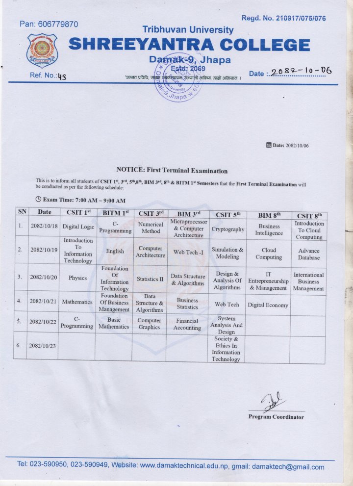 Notice For  Examination